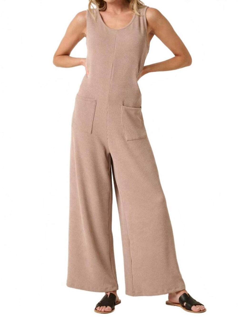 MITTOSHOP Ribbed Wide-Leg Jumpsuit - Taupe